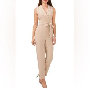 NWT Halogen Tie Waist Surplice V Neck Jumpsuit Sleeveless Oxford Tan Sz XS